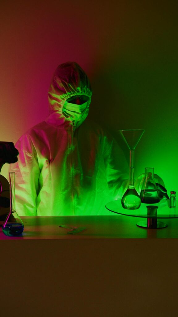 A scientist in full protective gear experiments with glowing chemicals in a dark lab.